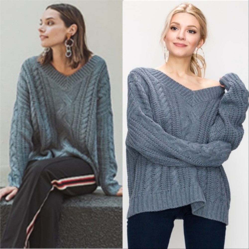 EMILIA Dusty Blue Cable Knit Sweater - Picture 3 of 5